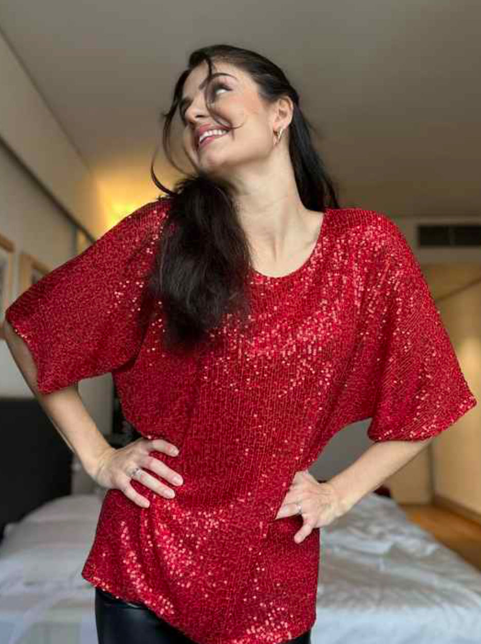 Paljettbluse rød